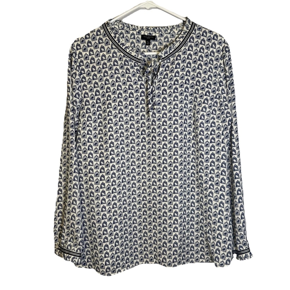 Talbots Petites Birdcage Print Tie Neck Blouse Cottage Coastal XLP Boho Chic